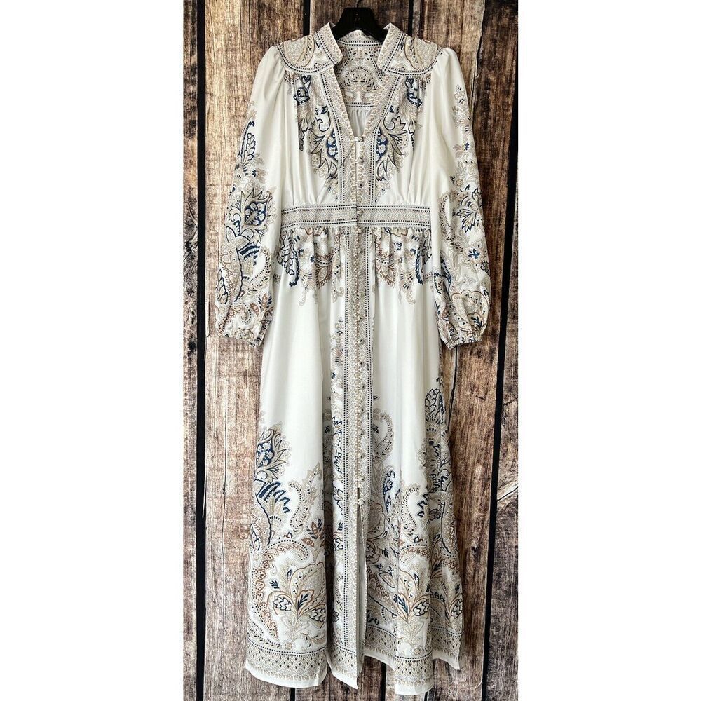 Karolina White Floral Button Front Maxi Dress Large